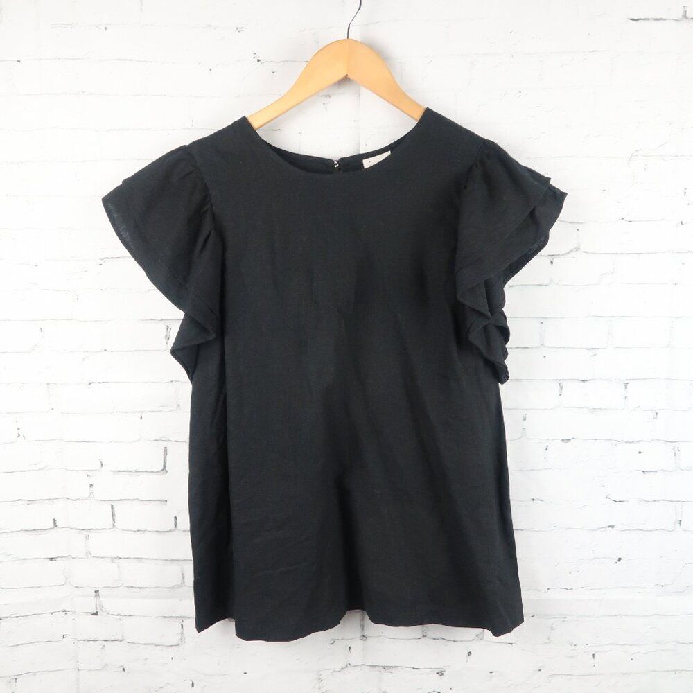 A NEW DAY BLACK RUFFLE SLEEVE ROUND NECK LINEN BLEND TOP SIZE MEDIUM